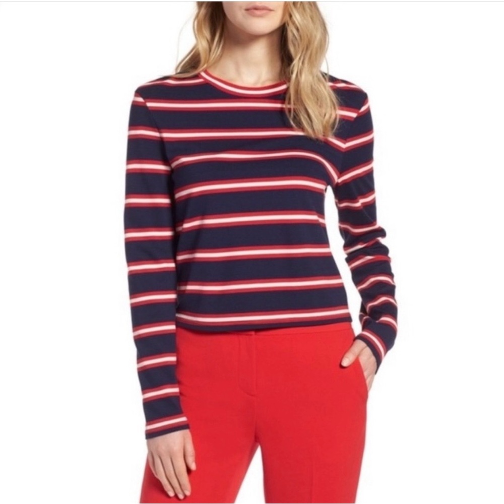 Halogen Navy Red and White Striped Long-sleeve Crew Neck Top